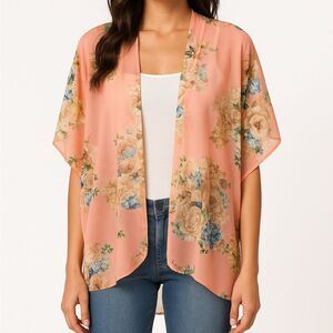 2/$20 Live 4 Truth Pink Peach Floral Sheer Over Shirt Kimono Open Front